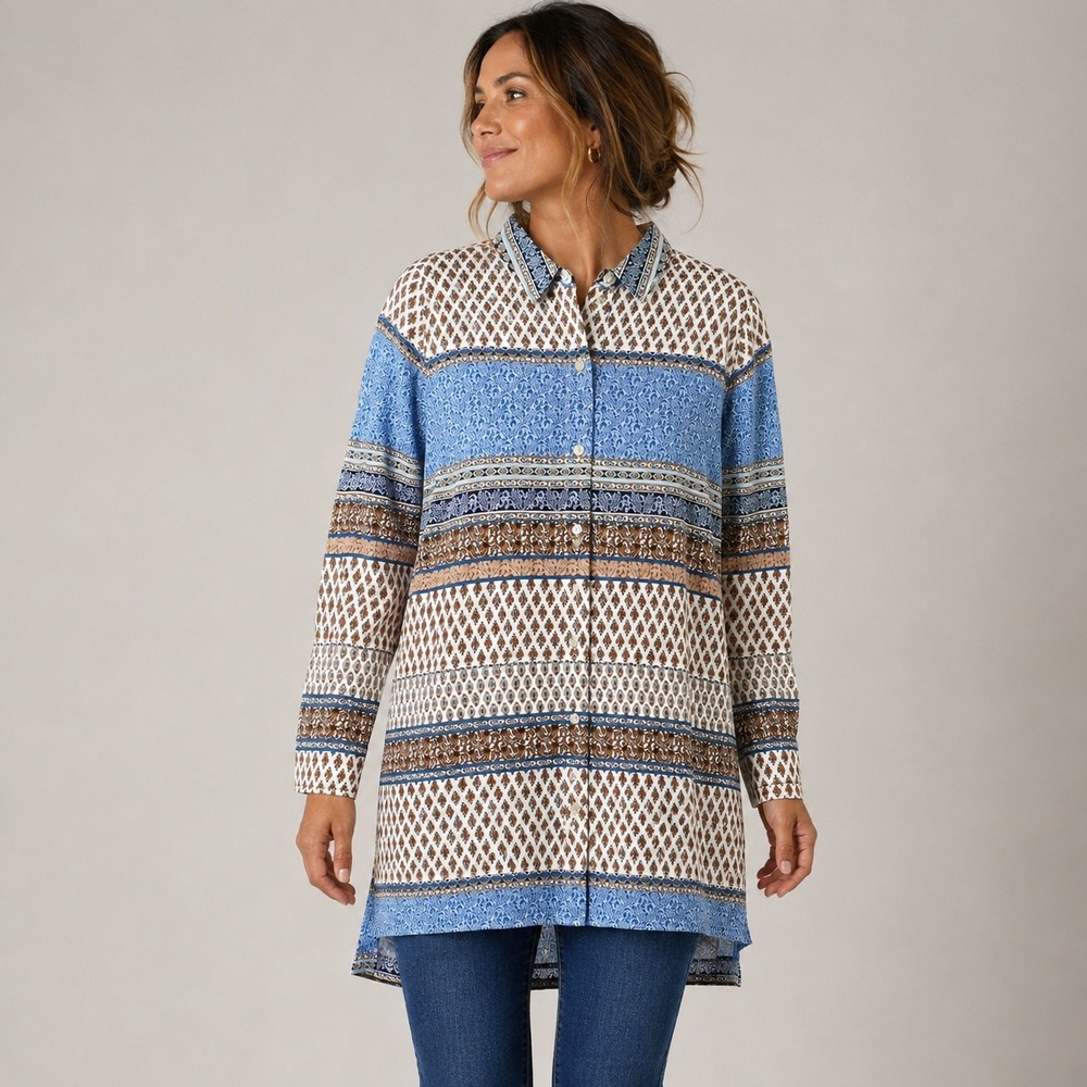 J. Jill Tunic Women M Tall Blue Brown Paisley Geometric Button Down Shirt